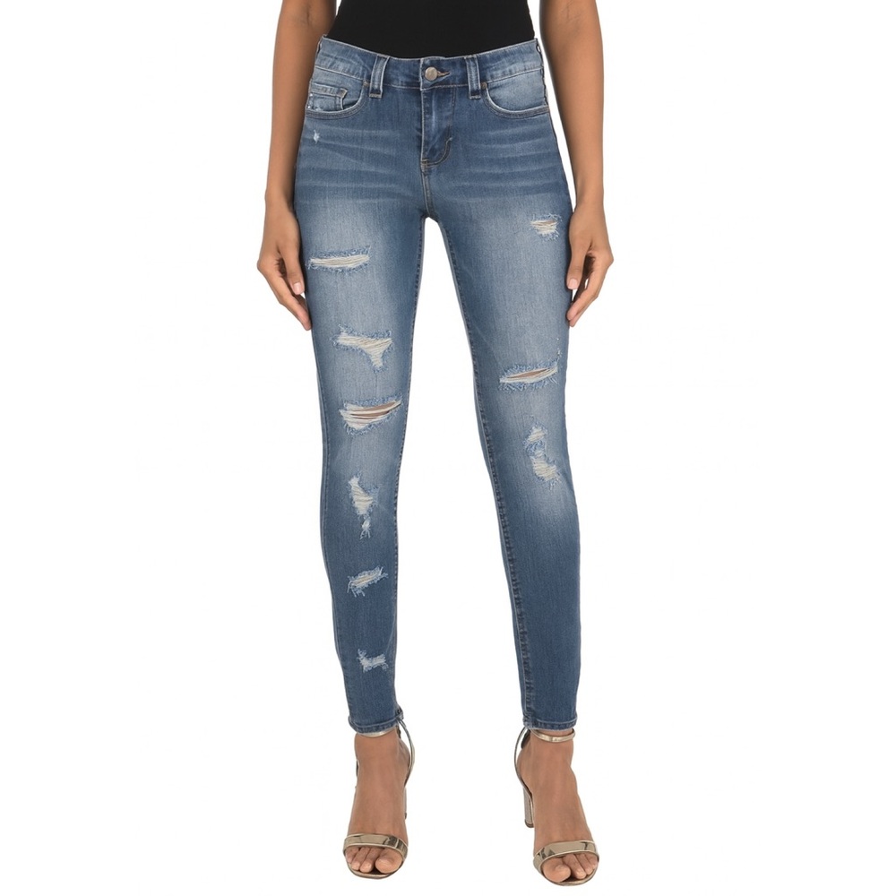 Mudd FLX Stretch Skinny Jeans Blue Distressed Ripped Low Rise Size 3